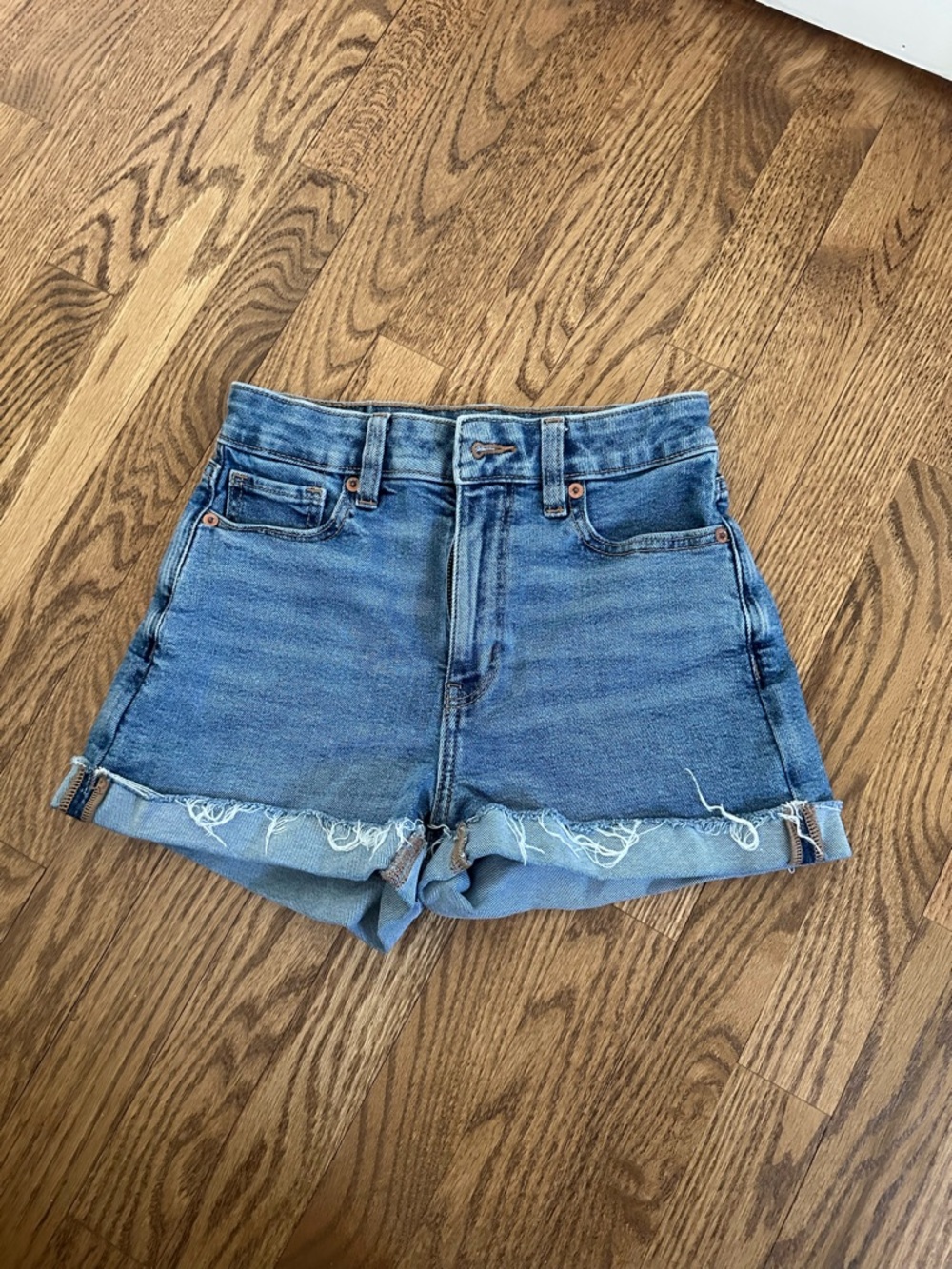 American Eagle Outfitters Medium Blue High-Rise Rolled Denim Shorts